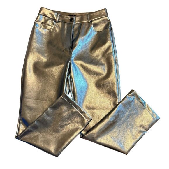 7 For All Mankind Faux Leather Silver straight leg Pants size Medium NWT FLAW - Picture 2 of 11